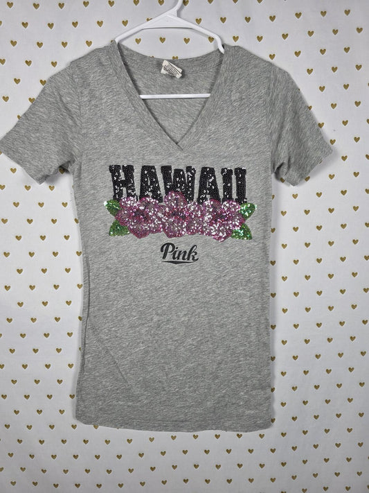 Victoria's Secret PINK Hawaii Bling Tee Small Gray Sequin Floral V Neck Shirt xs