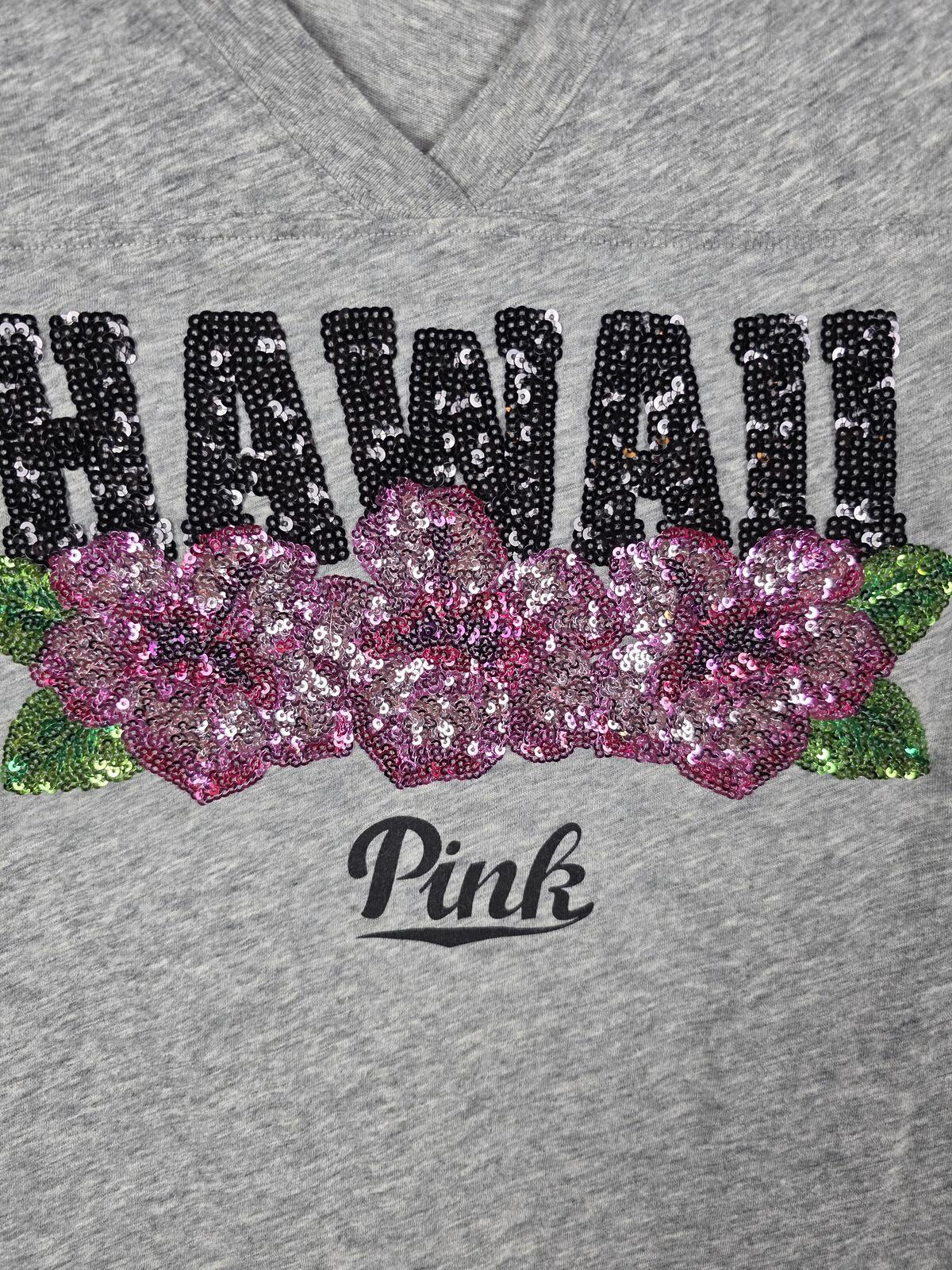 Victoria's Secret PINK Hawaii Bling Tee Small Gray Sequin Floral V Neck Shirt xs