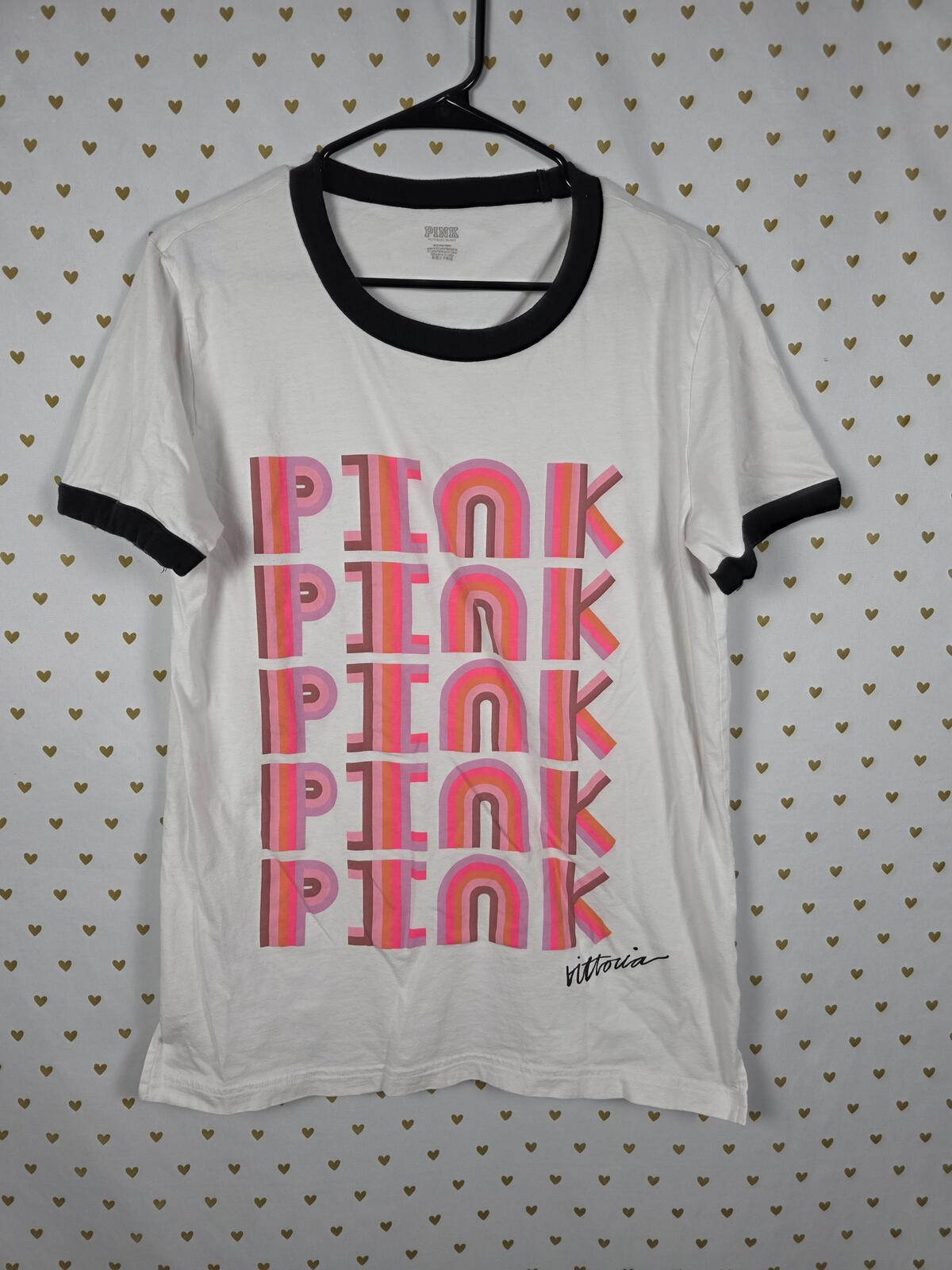 Victorias Secret PINK Ringer Rainbow Logo Tee Shirt MEDIUM