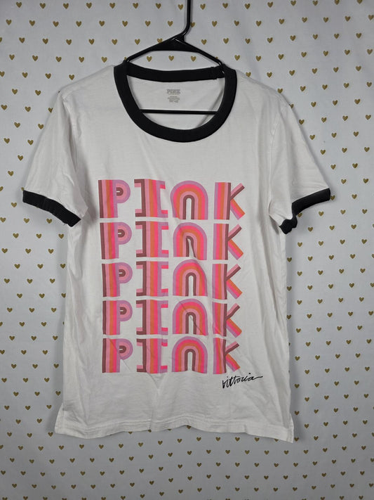 Victorias Secret PINK Ringer Rainbow Logo Tee Shirt MEDIUM