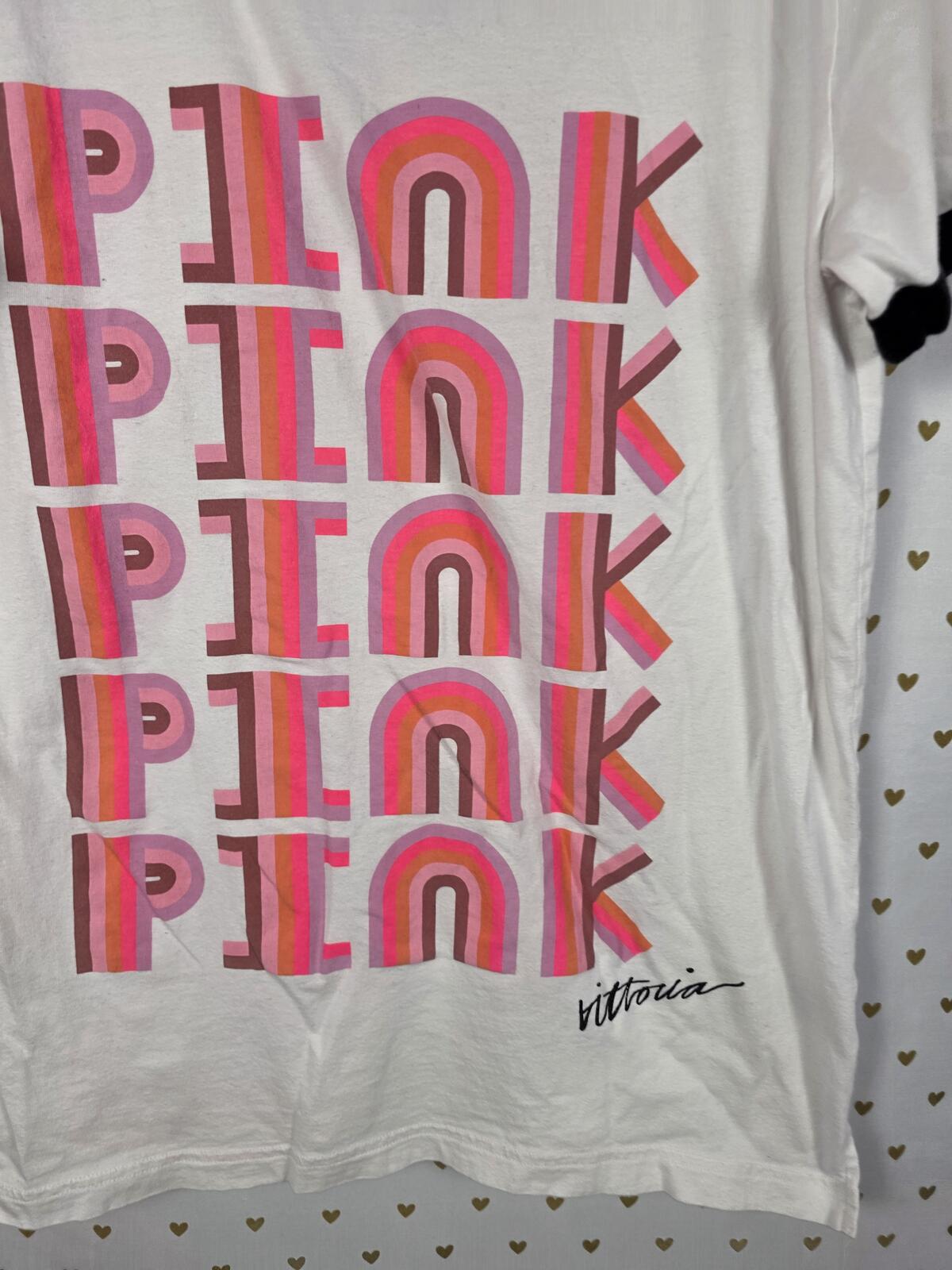 Victorias Secret PINK Ringer Rainbow Logo Tee Shirt MEDIUM