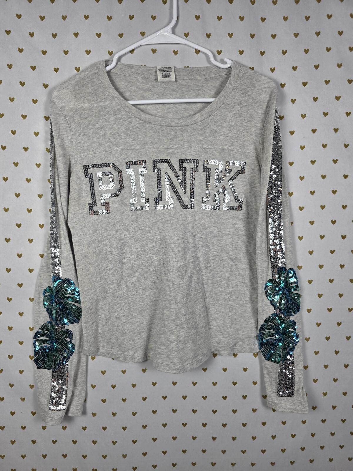 Victoria's Secret PINK Gray Long Sleeve Sequin Logo Tropical Leaf Bling Top SM