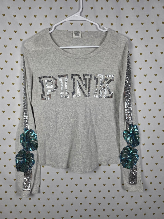 Victoria's Secret PINK Gray Long Sleeve Sequin Logo Tropical Leaf Bling Top SM