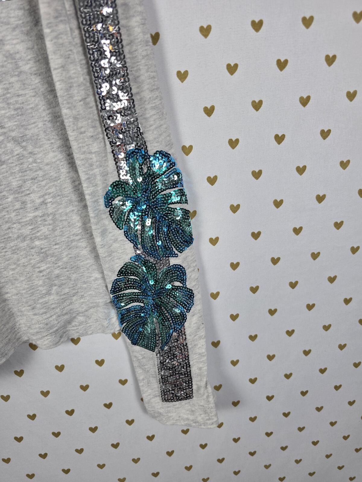 Victoria's Secret PINK Gray Long Sleeve Sequin Logo Tropical Leaf Bling Top SM