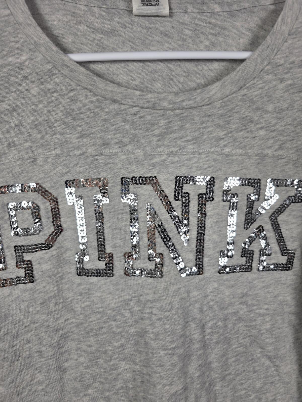 Victoria's Secret PINK Gray Long Sleeve Sequin Logo Tropical Leaf Bling Top SM