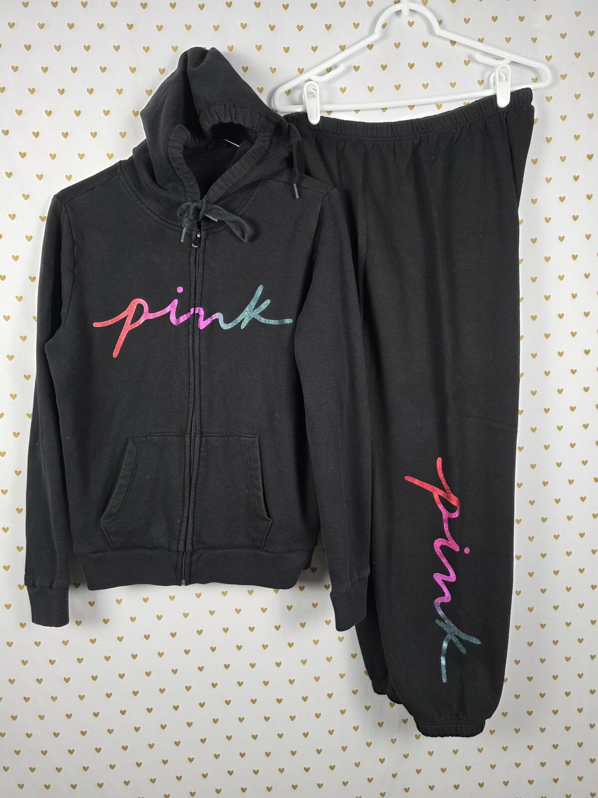 Victorias Secret Pink Bling Glitter Pullover Hoodie Sweater Sweats SET LARGE