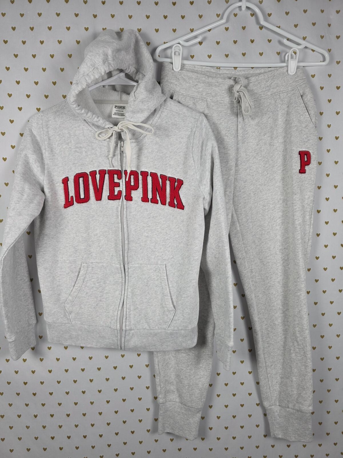 Victorias Secret Pink LOVE Embroidered Hoodie Jacket Sweatpants SET SMALL