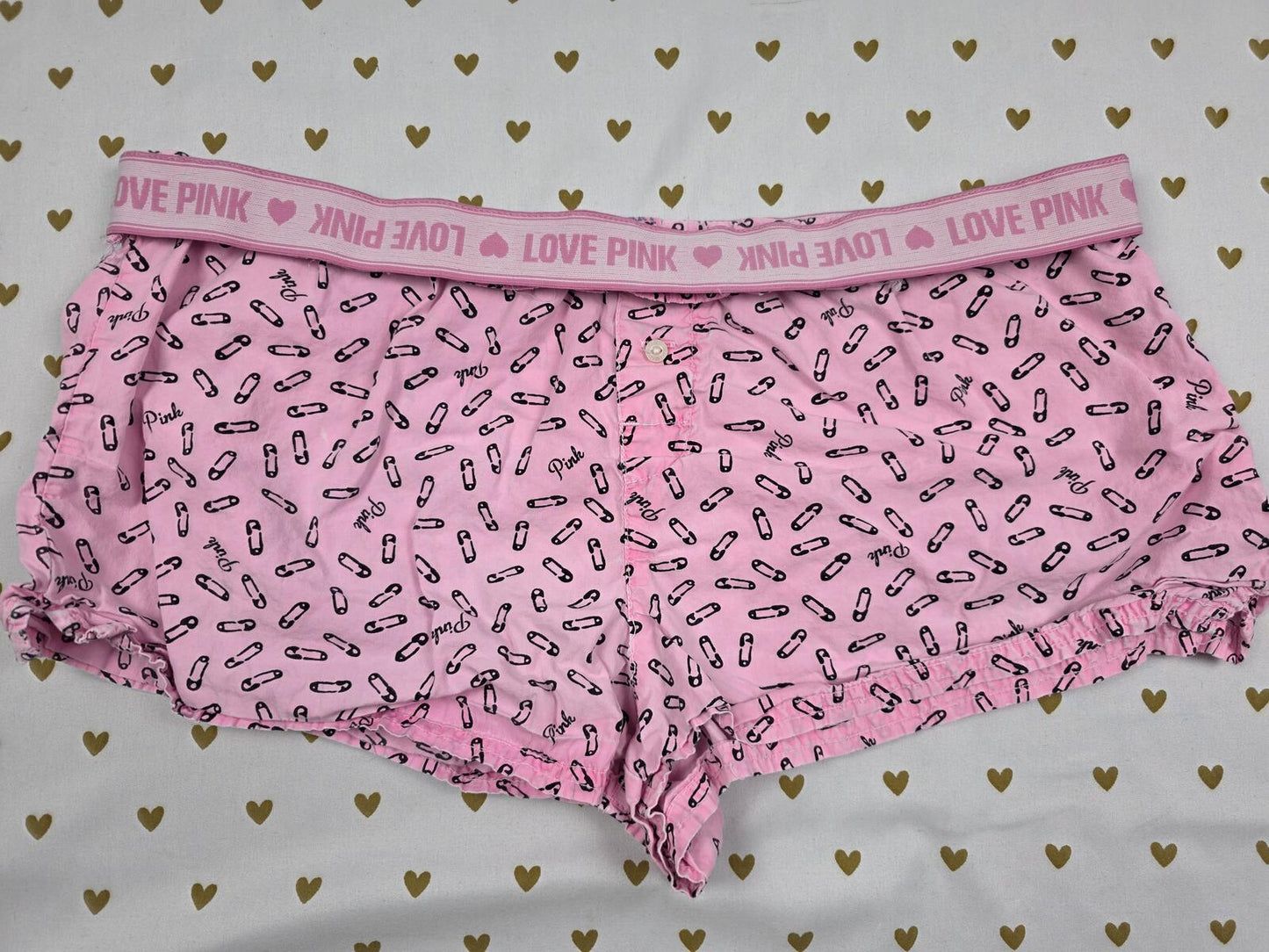 Vintage Victoria's Secret PINK Boxer Shorts SMALL Pink Safety Pin Print Lounge