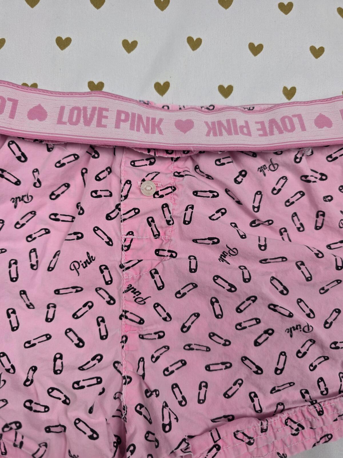 Vintage Victoria's Secret PINK Boxer Shorts SMALL Pink Safety Pin Print Lounge