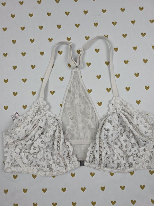 Victorias Secret white Lace Racerback Front close Unlined Plunge bra 36D