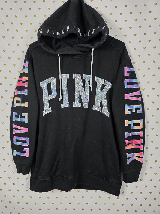 PINK Victoria's Secret Watercolor Sequin Logo Hoodie Black Oversized Pullover XS