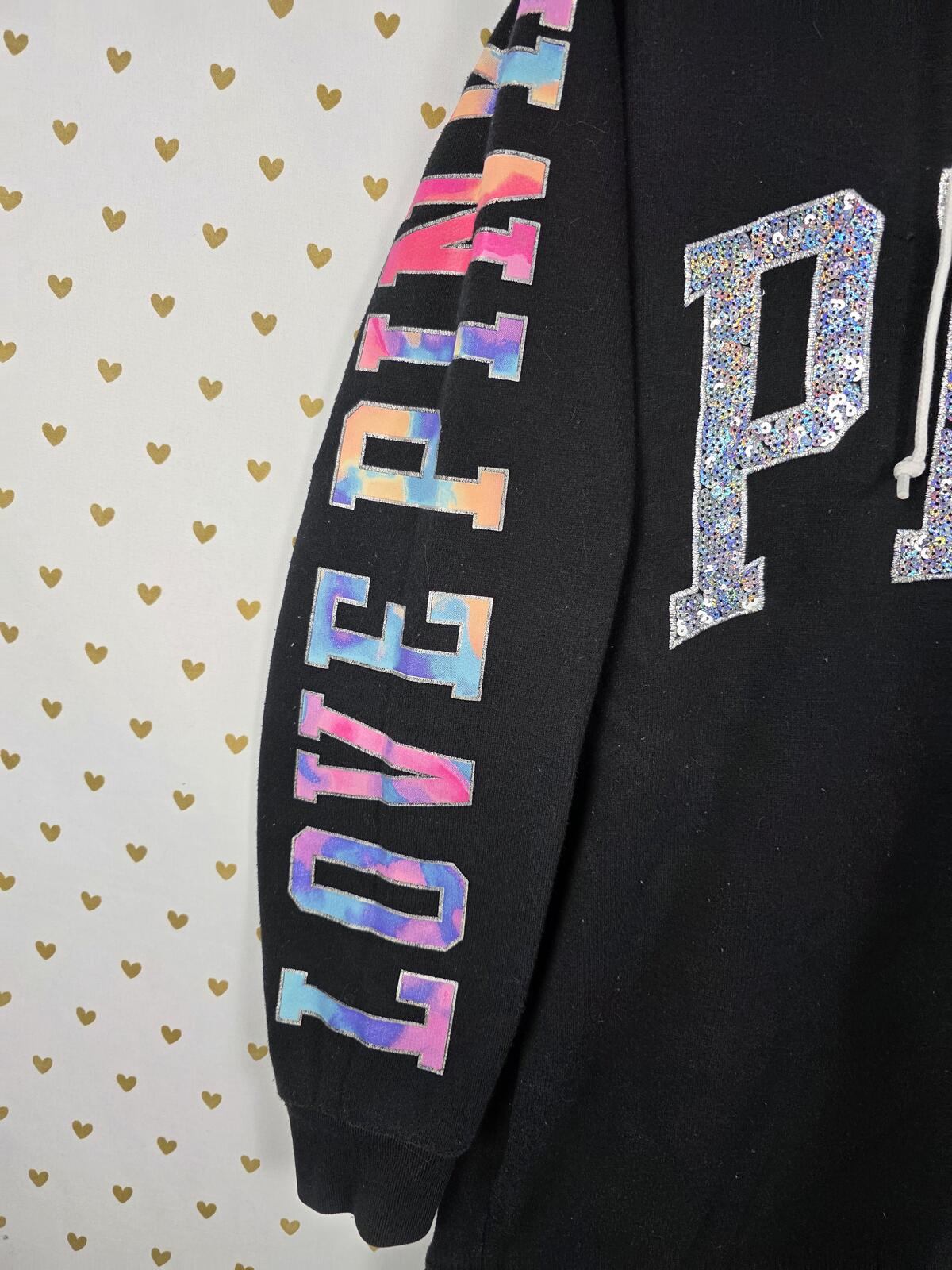 PINK Victoria's Secret Watercolor Sequin Logo Hoodie Black Oversized Pullover XS