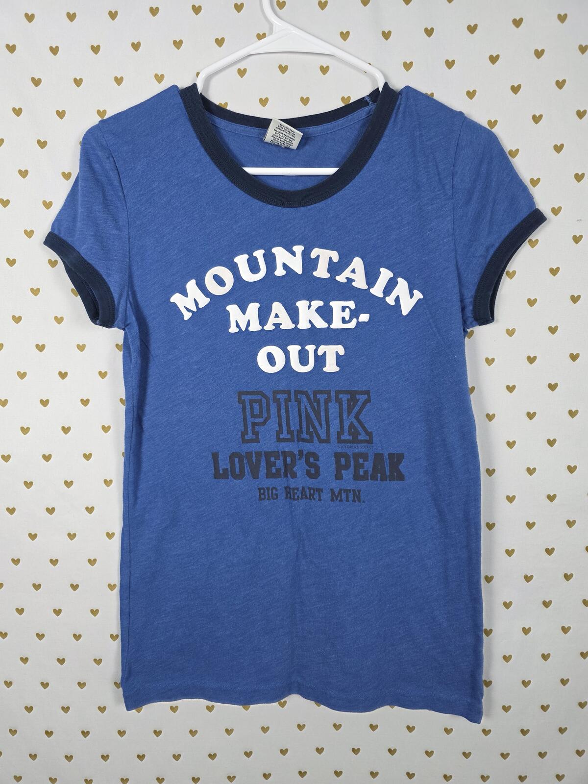 PINK Victoria's Secret Mountain Make Out Ringer Tee Blue Graphic Shirt Large