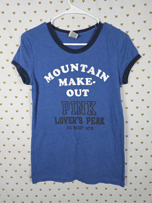 PINK Victoria's Secret Mountain Make Out Ringer Tee Blue Graphic Shirt Large