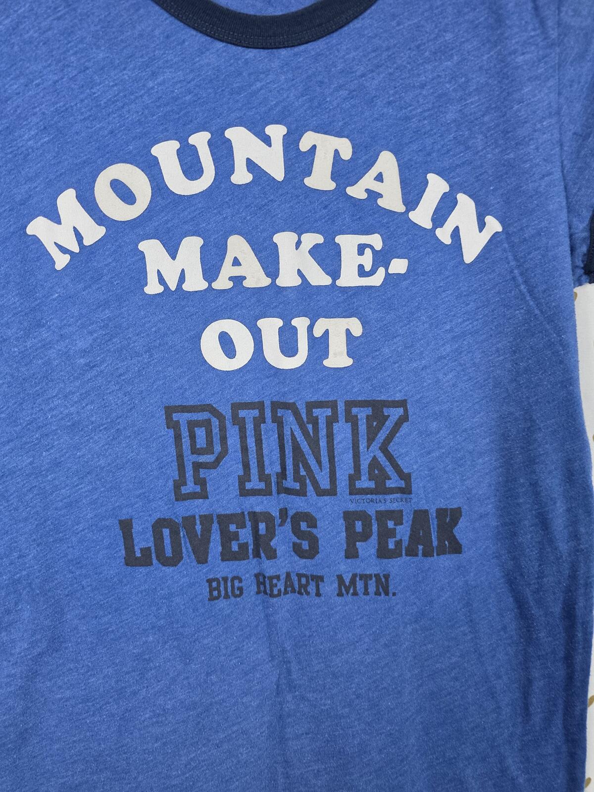 PINK Victoria's Secret Mountain Make Out Ringer Tee Blue Graphic Shirt Large