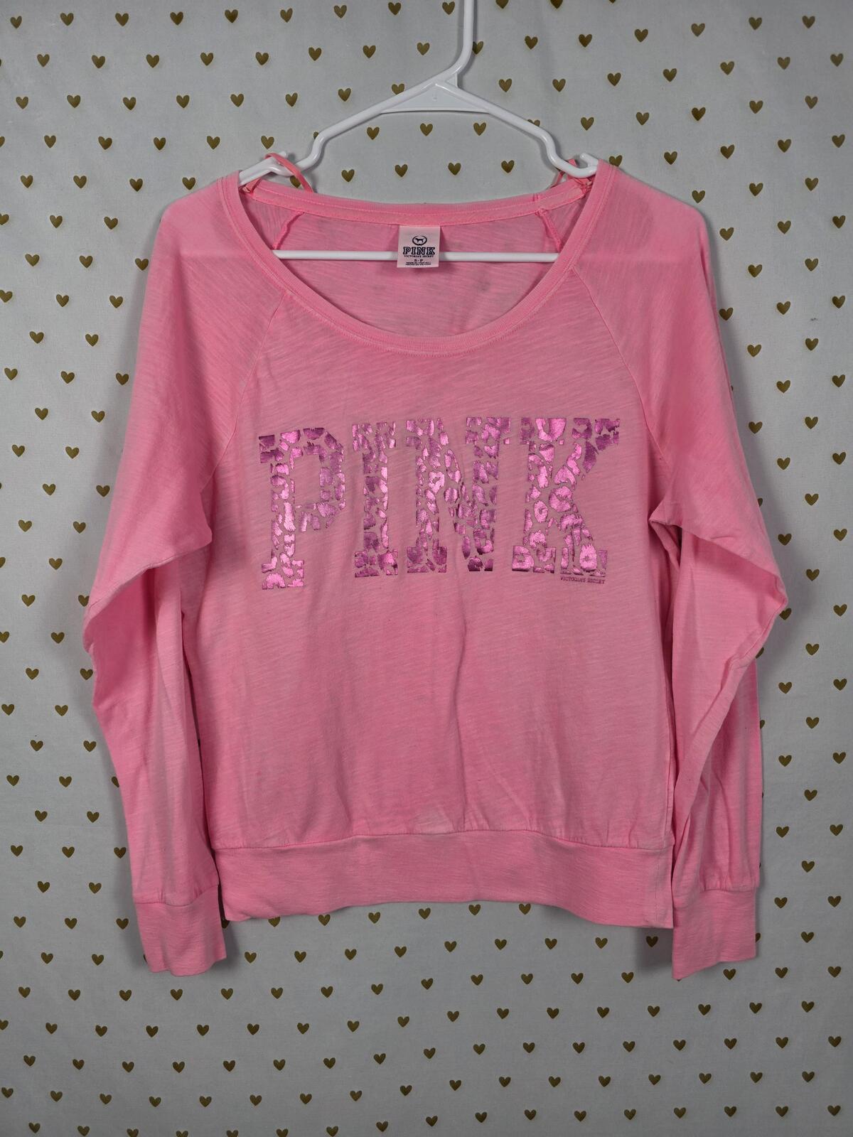 Victorias Secret PINK leopard Cheetah Logo Long Sleeve Slouchy Tee Shirt SMALL