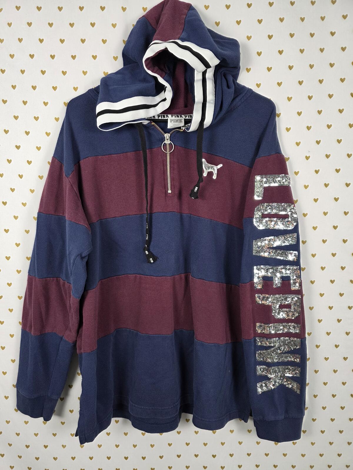 PINK Victoria's Secret Sequin Dog Hoodie Colorblock Striped Pullover Bling Large