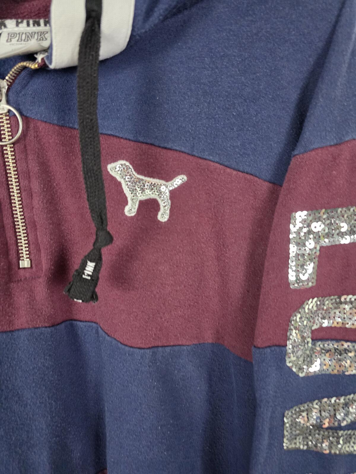 PINK Victoria's Secret Sequin Dog Hoodie Colorblock Striped Pullover Bling Large