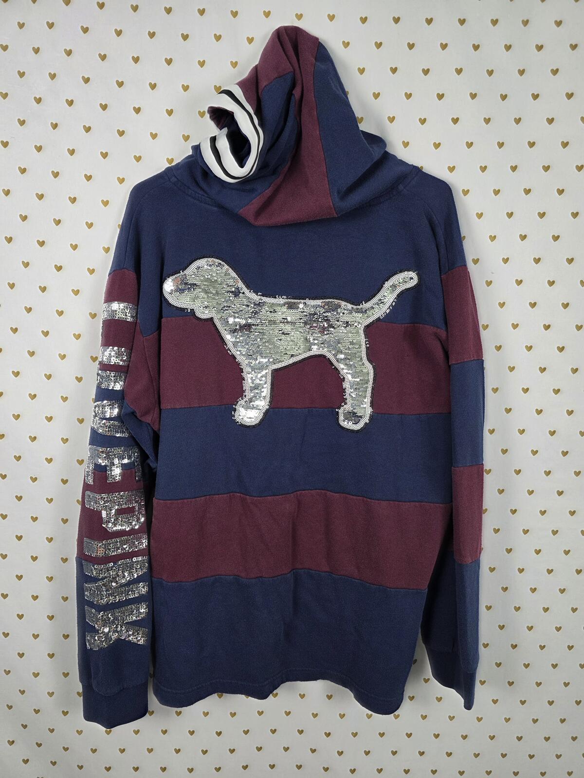 PINK Victoria's Secret Sequin Dog Hoodie Colorblock Striped Pullover Bling Large