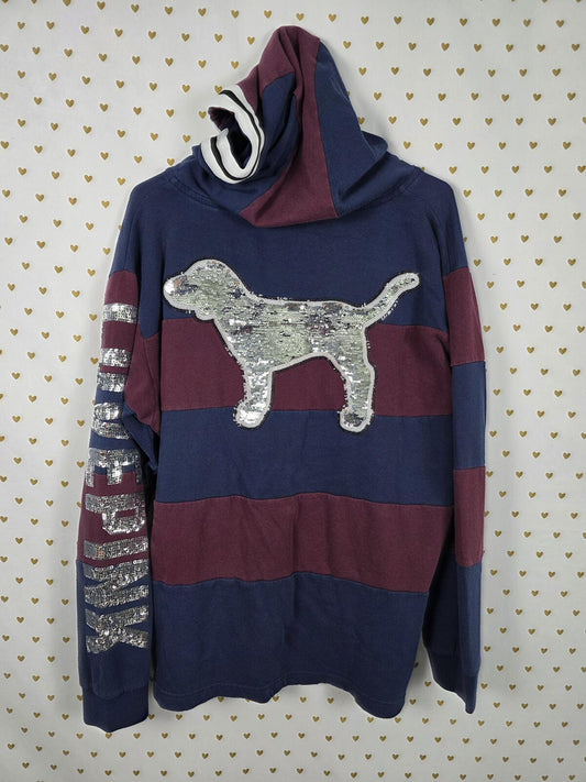 PINK Victoria's Secret Sequin Dog Hoodie Colorblock Striped Pullover Bling Large