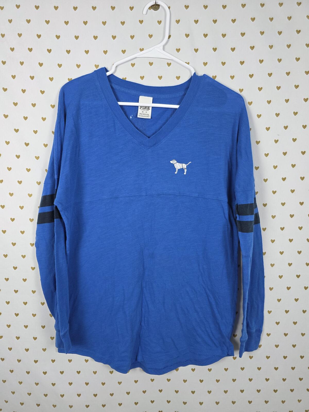 Victorias Secret PINK Blue Bling Silver Sequin Campus Tee Shirt XS Oversized