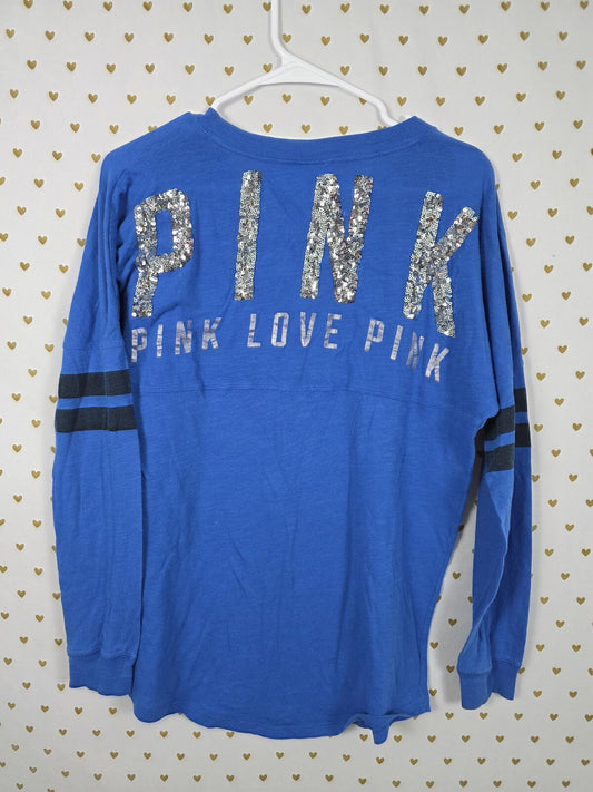 Victorias Secret PINK Blue Bling Silver Sequin Campus Tee Shirt XS Oversized