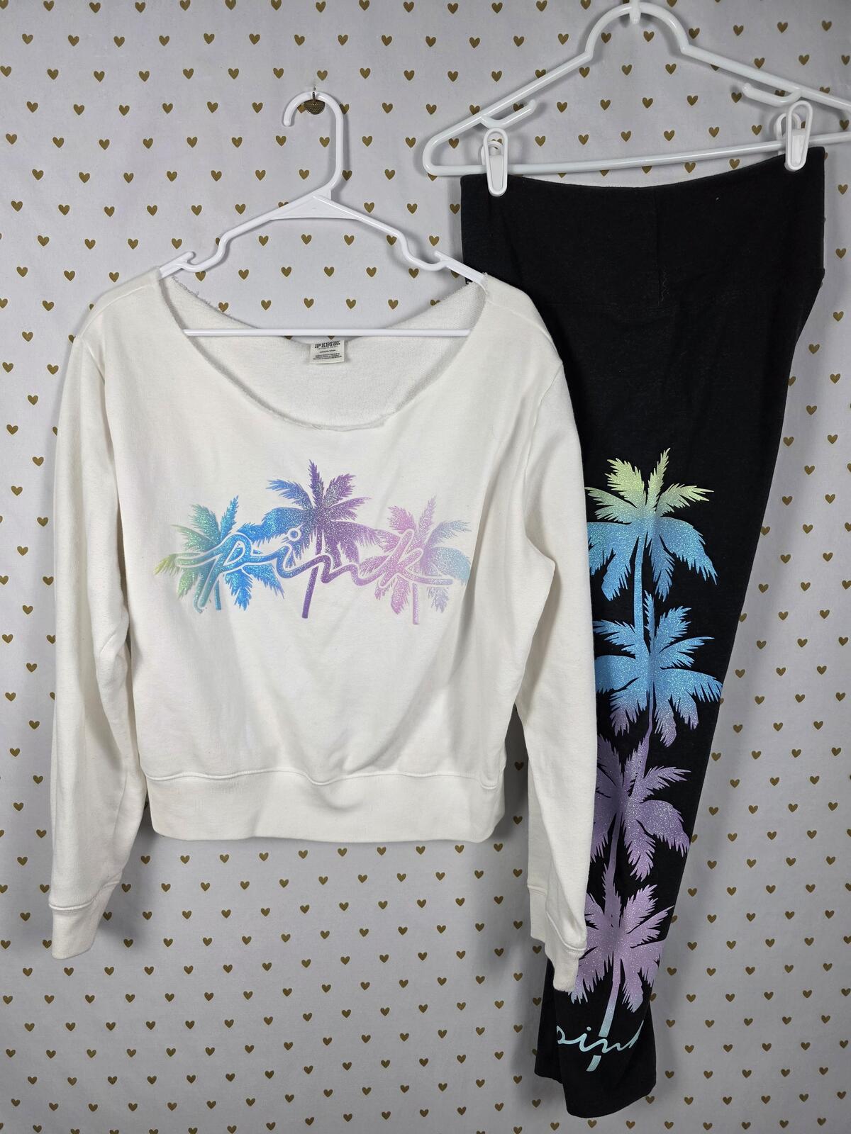 Victorias Secret Pink Bling Glitter Palm Slouchy Sweater Yoga Pants LARGE