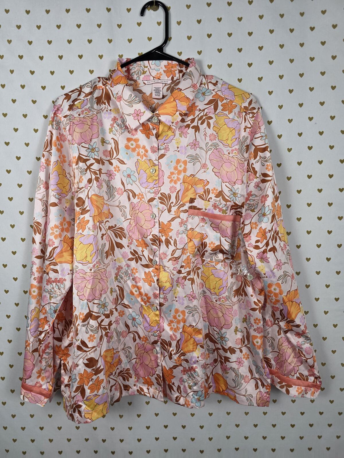 Victorias Secret Satin Silky Sleep Shirt Top Floral XL  New