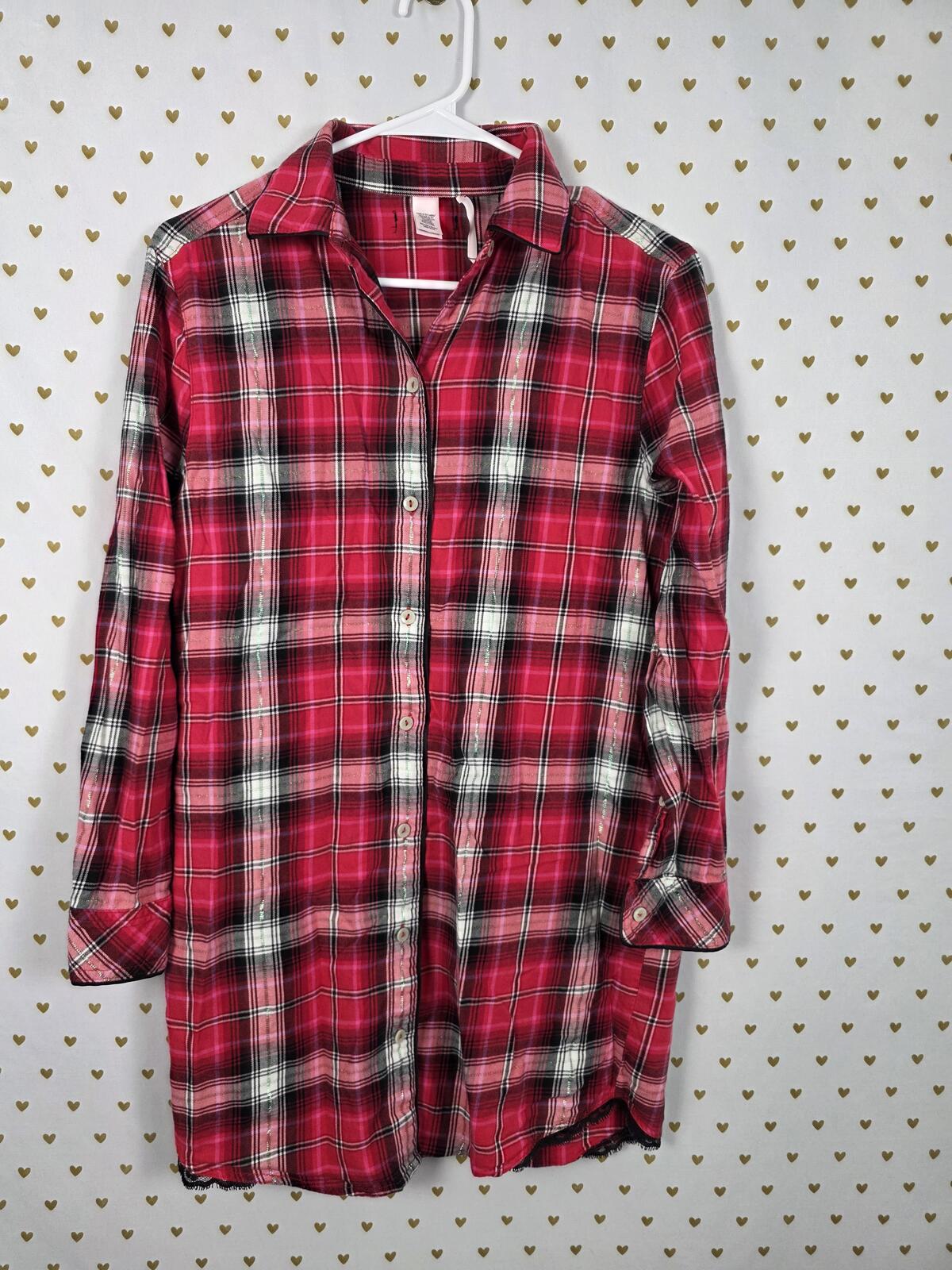 Victorias Secret Red Plaid Pajama Sleep Shirt nightgown Button Down XS