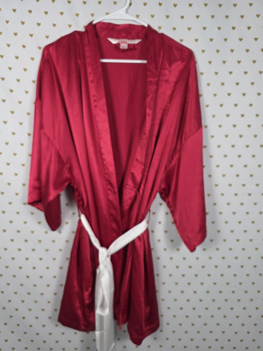 Victorias Secret Satin Silky Robe Red Kimono Lounge Tie Cover Up One Size fits