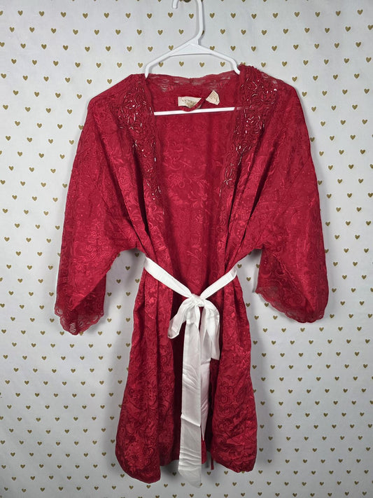 Vintage Victoria's Secret Gold Label Beaded Lace Jacquard Robe Red Kimono