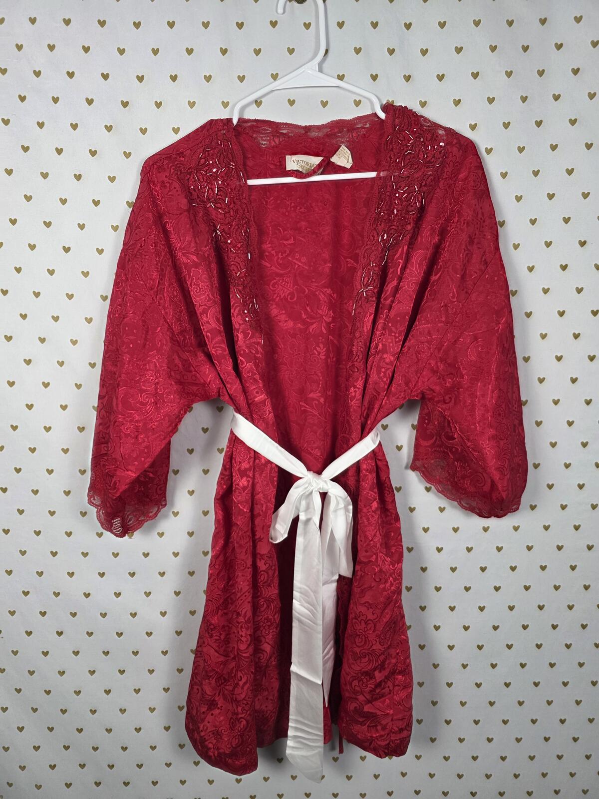 Vintage Victoria's Secret Gold Label Beaded Lace Jacquard Robe Red Kimono