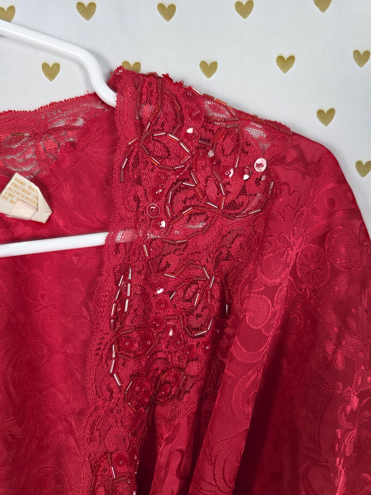 Vintage Victoria's Secret Gold Label Beaded Lace Jacquard Robe Red Kimono