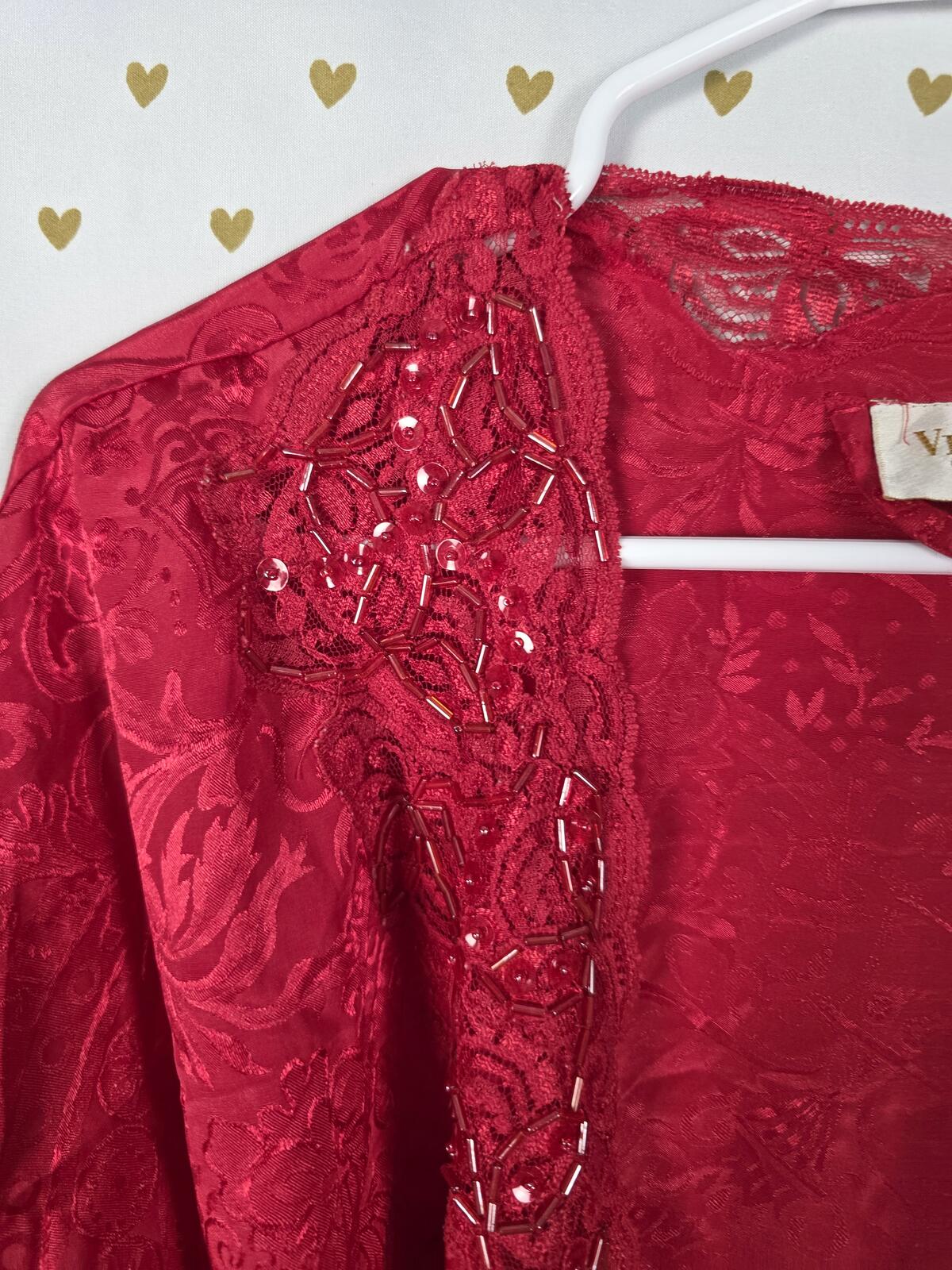 Vintage Victoria's Secret Gold Label Beaded Lace Jacquard Robe Red Kimono