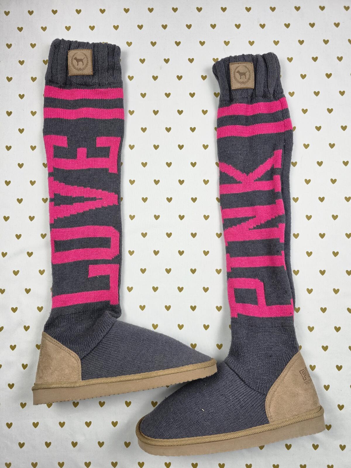 PINK Victoria's Secret Sweater Slipper Boots Gray Pink Knit Booties M 7 8
