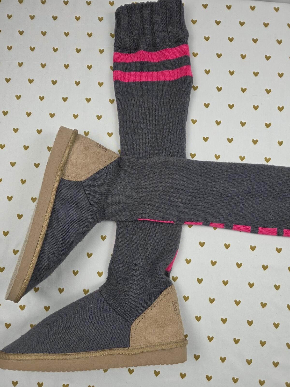 PINK Victoria's Secret Sweater Slipper Boots Gray Pink Knit Booties M 7 8