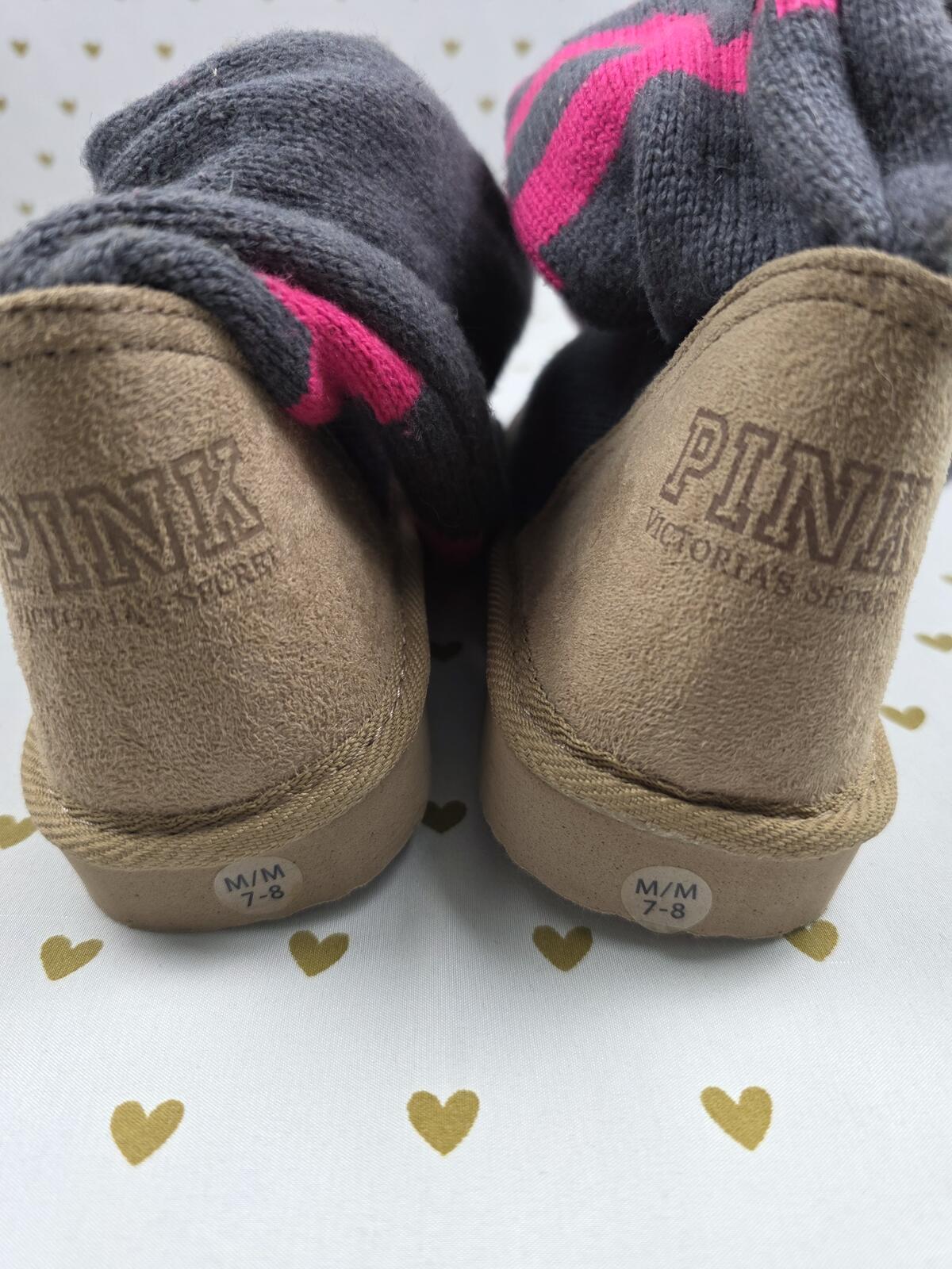 PINK Victoria's Secret Sweater Slipper Boots Gray Pink Knit Booties M 7 8