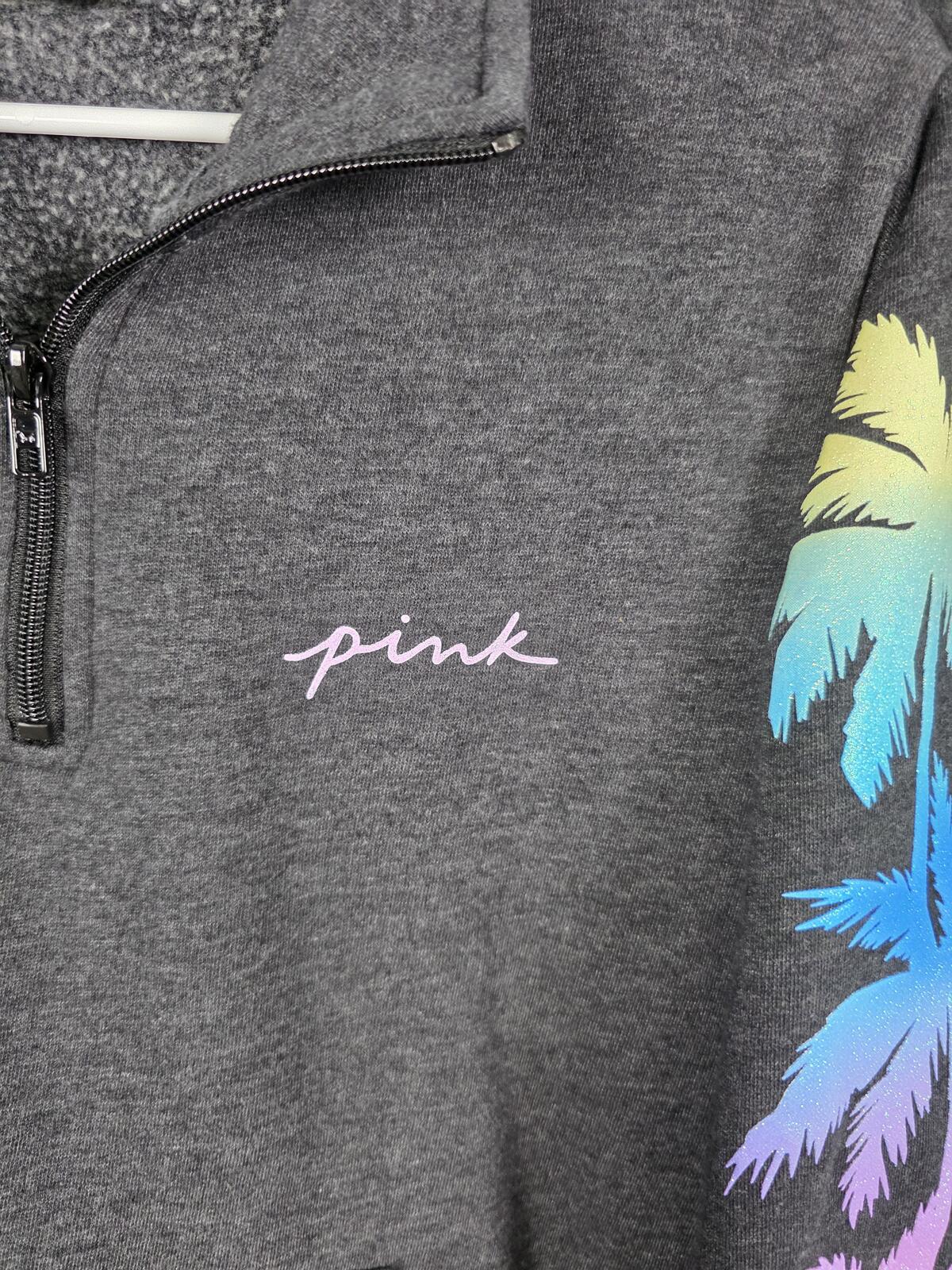 Victorias Secret Pink Bling Glitter Tropical Palm SET Yoga Pants Quarter Zip LRG