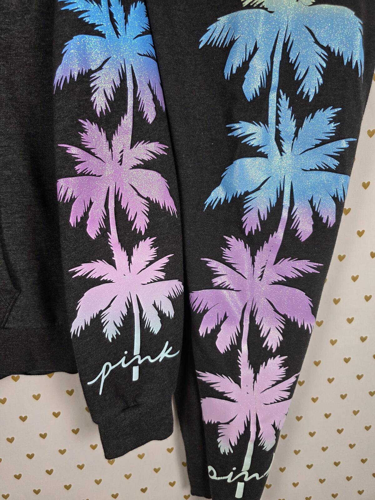 Victorias Secret Pink Bling Glitter Tropical Palm SET Yoga Pants Quarter Zip LRG
