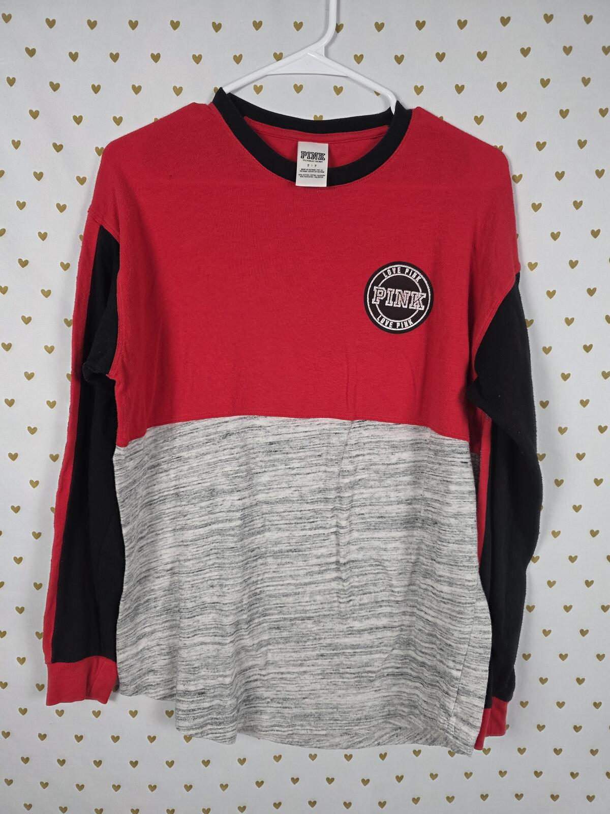 Victorias Secret PINK Bling Sequined Colorblock Silver Tee Shirt Long Sleeve SM