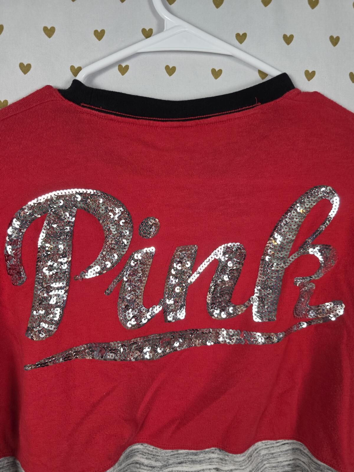 Victorias Secret PINK Bling Sequined Colorblock Silver Tee Shirt Long Sleeve SM