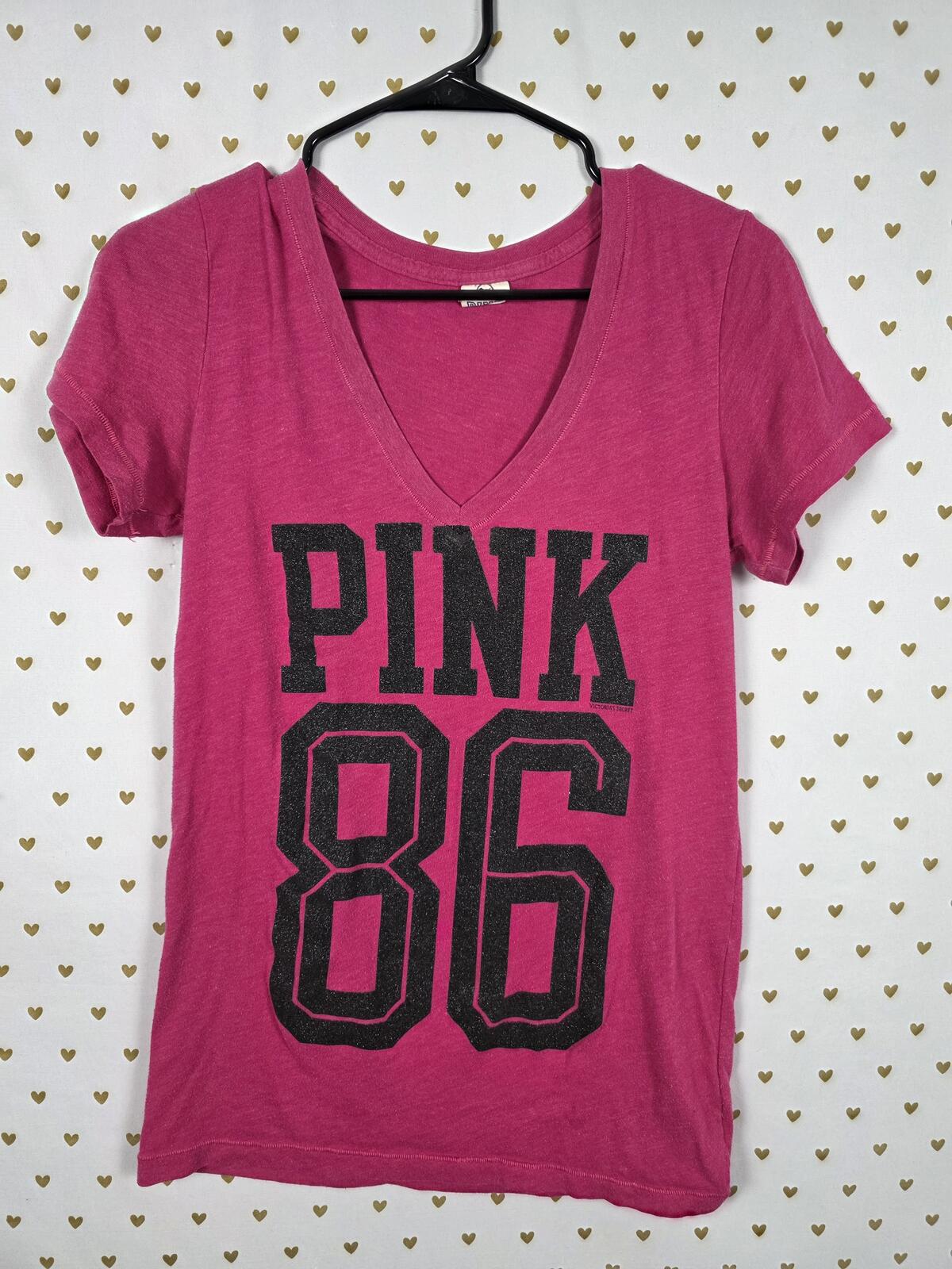 Victorias Secret PINK Bling Glitter Logo V neck Vintage Tee Shirt Y2k MEDIUM