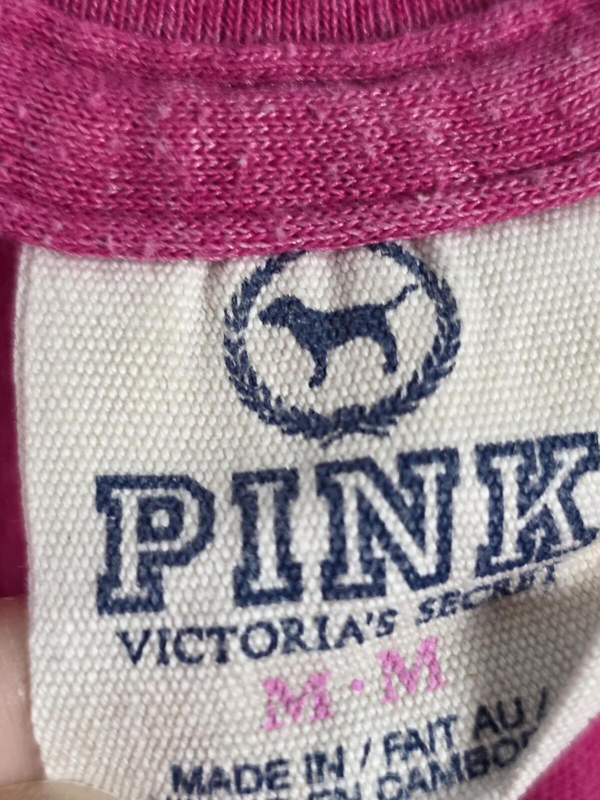 Victorias Secret PINK Bling Glitter Logo V neck Vintage Tee Shirt Y2k MEDIUM