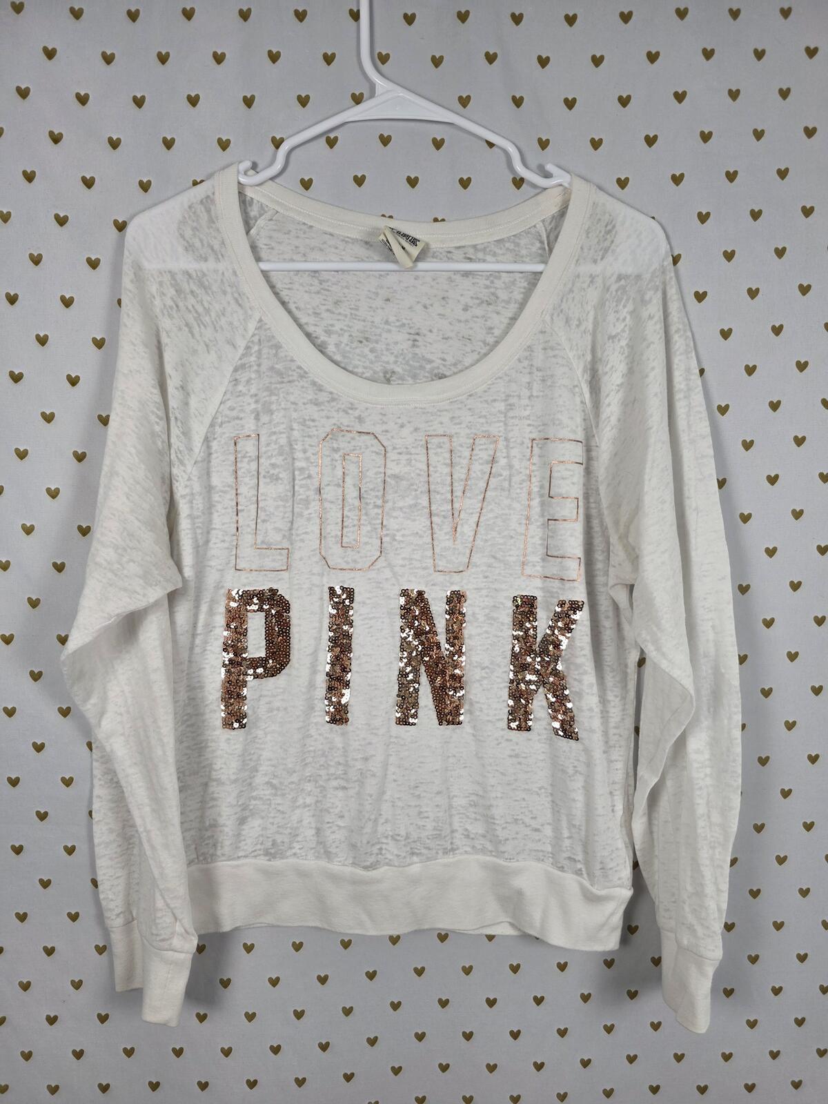 Victorias Secret PINK Burnout Bling Long Sleeve White Tee shirt Gold Sequined M