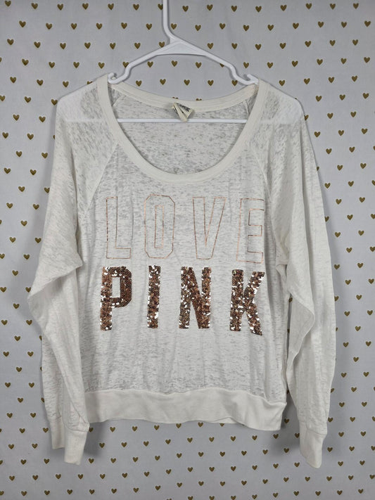 Victorias Secret PINK Burnout Bling Long Sleeve White Tee shirt Gold Sequined M