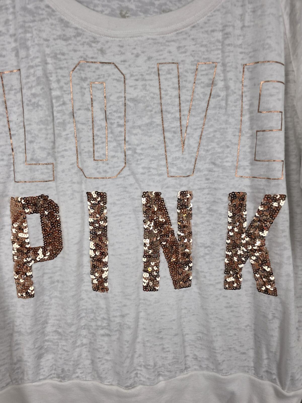 Victorias Secret PINK Burnout Bling Long Sleeve White Tee shirt Gold Sequined M