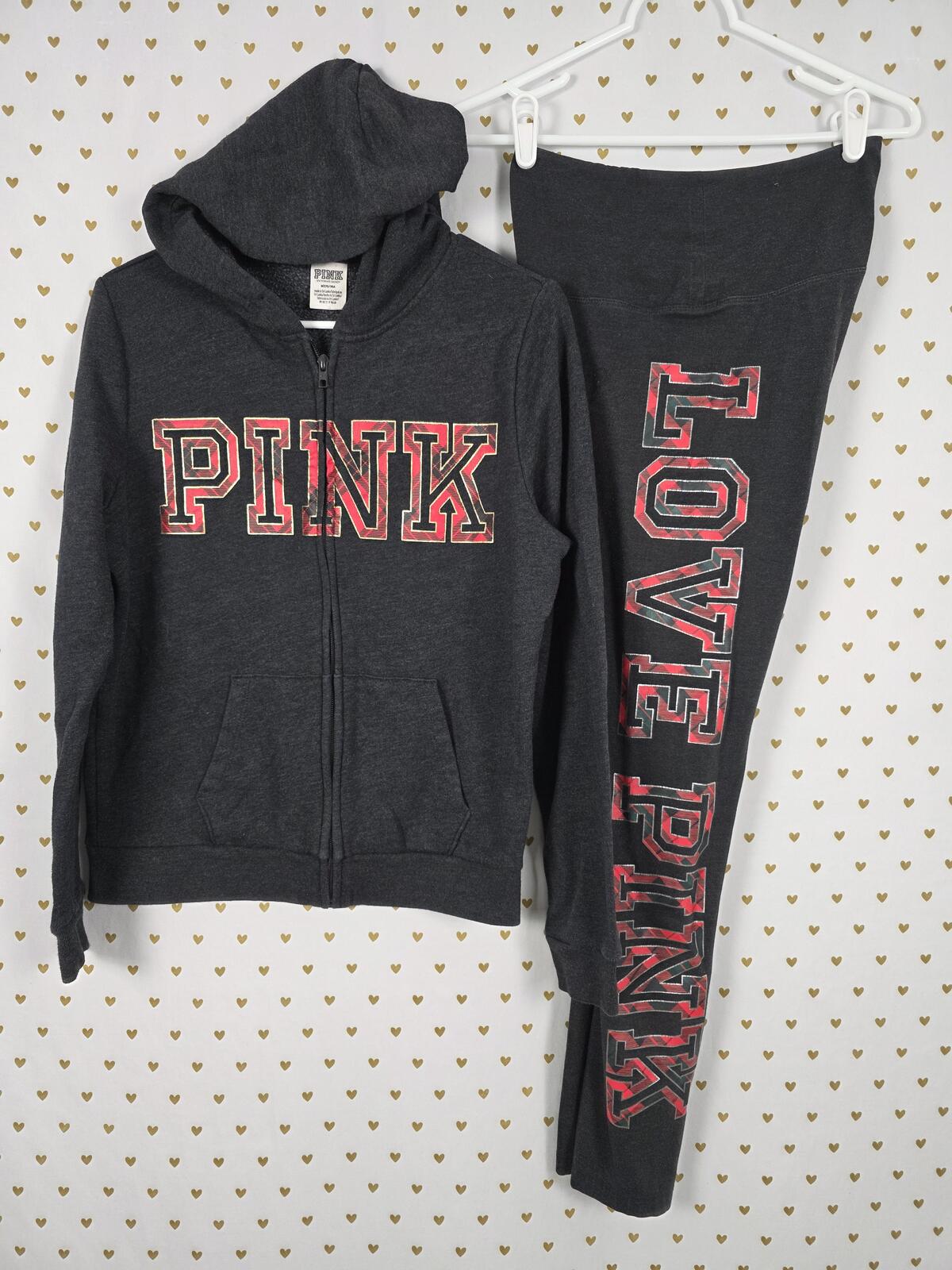 Victorias Secret Pink Grey Red Plaid SET Full Zip Hoodie Yoga Pants MEDIUM