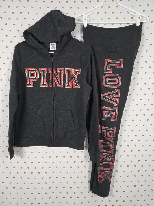 Victorias Secret Pink Grey Red Plaid SET Full Zip Hoodie Yoga Pants MEDIUM
