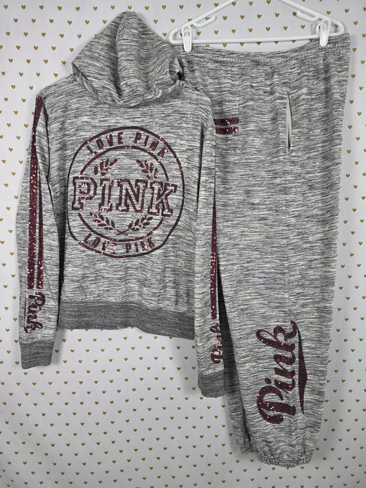 Victorias Secret Pink RED BLING SEQUINED Hoodie Jacket Sweatpants SET Large