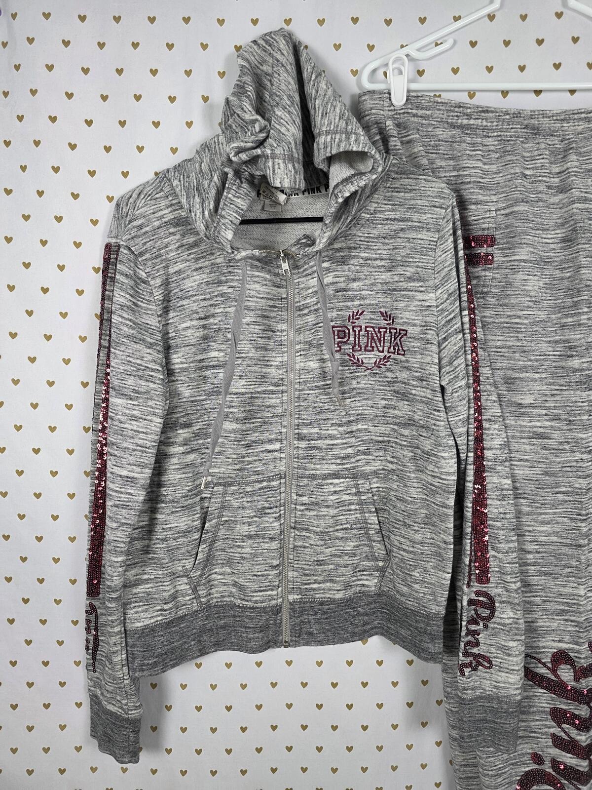 Victorias Secret Pink RED BLING SEQUINED Hoodie Jacket Sweatpants SET Large